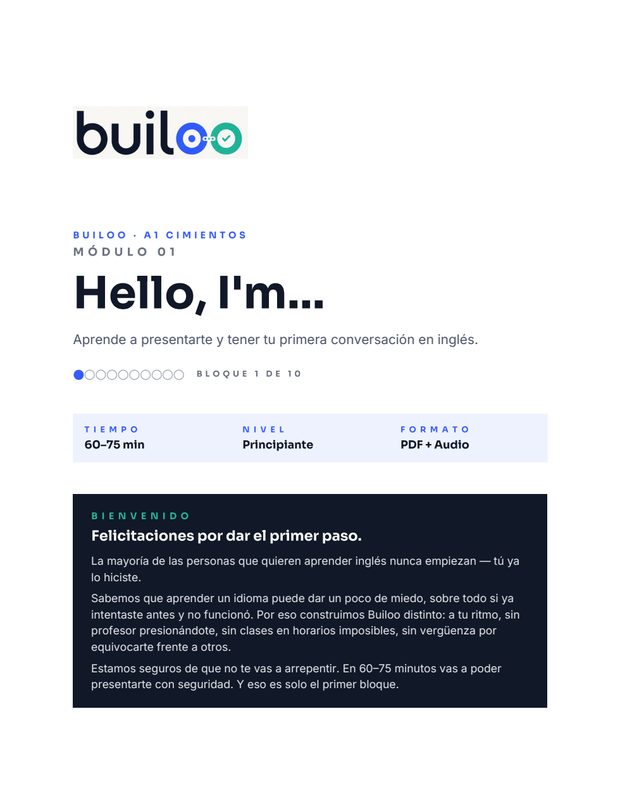 Portada del Módulo 1 de Builoo A1: Hello, I'm…